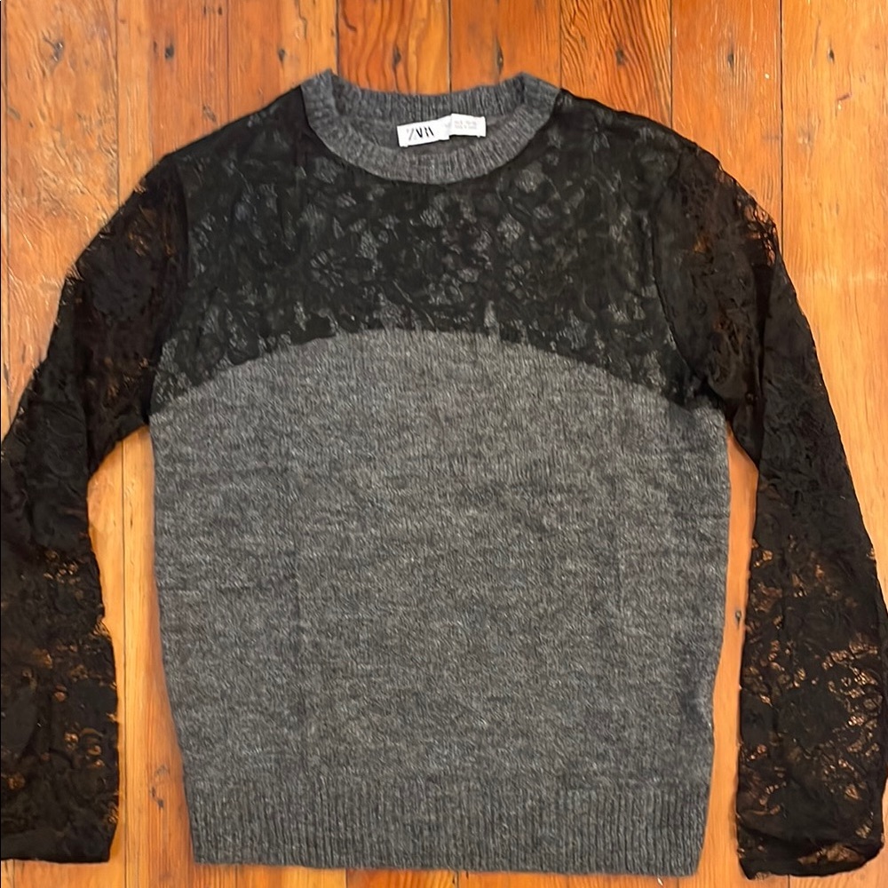 Zara Charcoal Sweater with Black Lace Detail